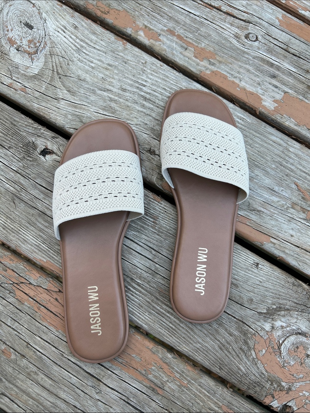 Jason Wu Cream Knit Slide Sandals with Brown Footbed